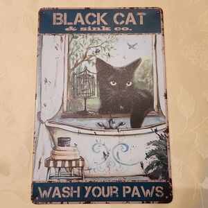 Black Cat Metal Sign - Wash Your Paws